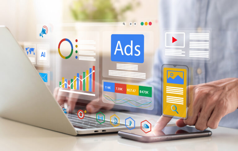 digital marketing concept, businessman using laptop with ads dashboard digital marketing strategy analysis for branding. online advertisement, ad on website and social media. seo. smm.