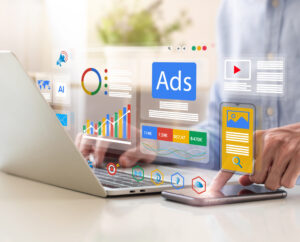 digital marketing concept, businessman using laptop with ads dashboard digital marketing strategy analysis for branding. online advertisement, ad on website and social media. seo. smm.