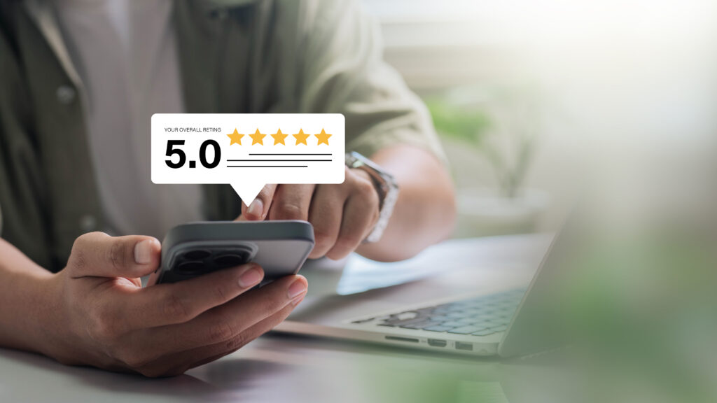 customer review and rating on smartphone. a positive feedback display of trust and success in digital business and ecommerce